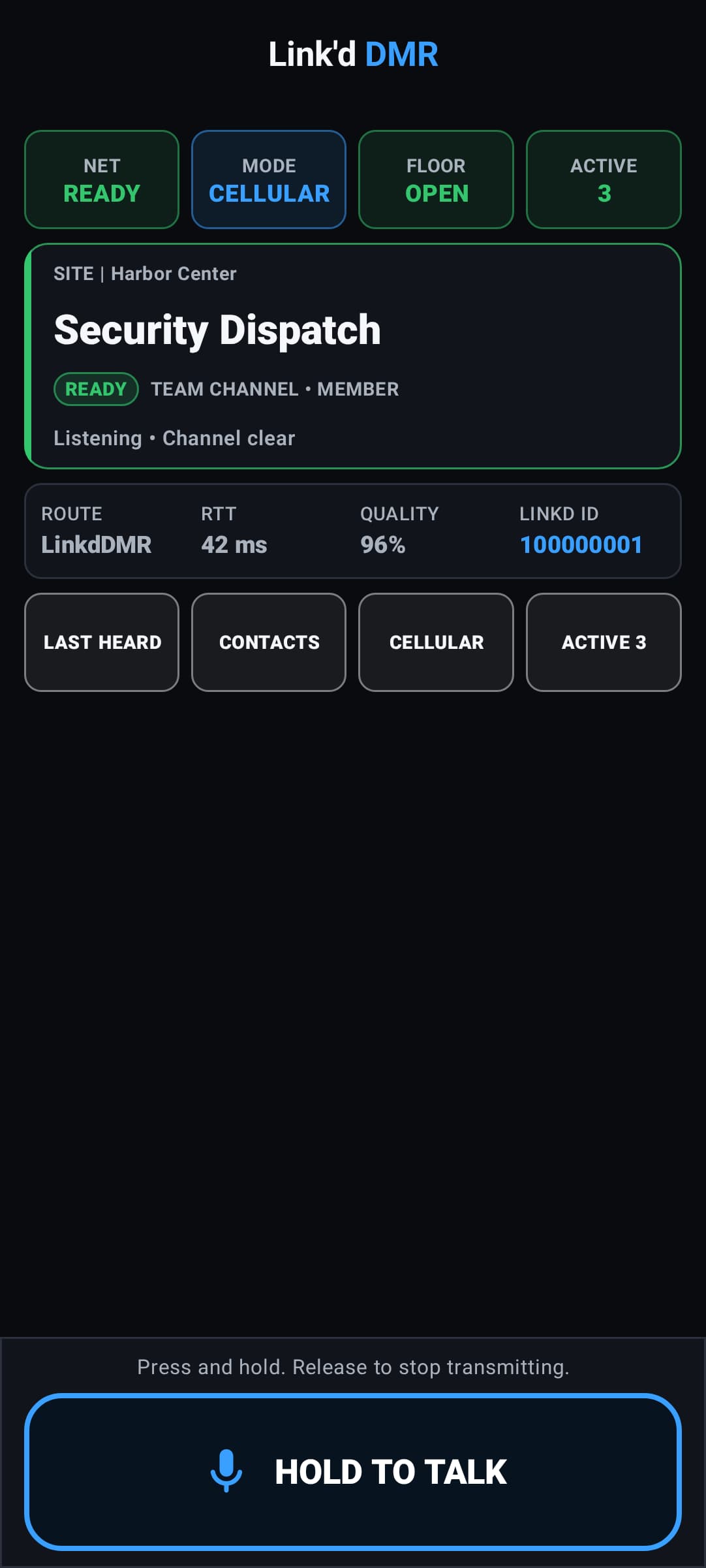 Current Link’d DMR professional radio-style Cellular screen showing network, mode, floor, active radios, the Security Dispatch channel, and the hold-to-talk control