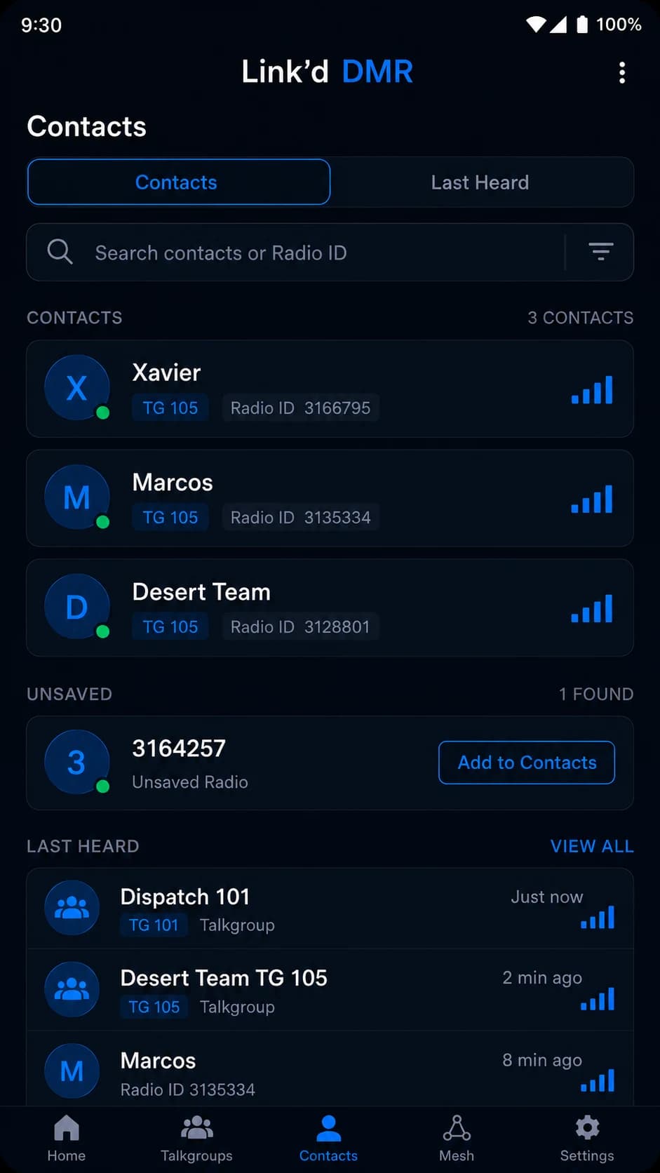 Link’d DMR contacts screen with saved contacts, Radio IDs, talkgroups, an unsaved radio entry, and a last-heard activity list